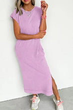 Women’s lavender lace summer dress with short sleeves, pockets, and side slit