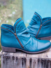Women's Leather Ankle Boots with Zipper in Purple Black and Turquoise Blue
