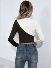 Womens Long Sleeve Color Block Crop Top with Round Neck