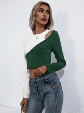 Womens Long Sleeve Color Block Crop Top with Round Neck Woman T Shirts