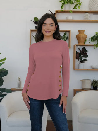 Women's Long Sleeve Pink Shirt with Side Buttons Dusty Pink