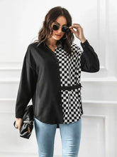 Womens long sleeve shirt with contrast button and checkerboard pattern