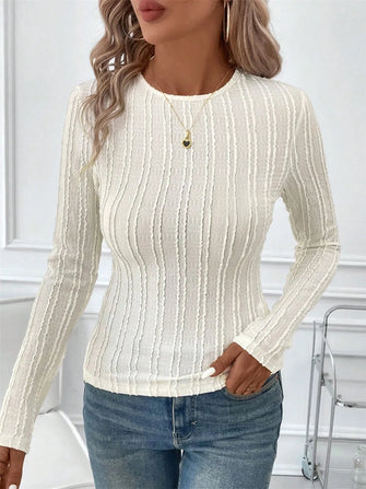 Womens Long Sleeve Textured Top Basic Style Opaque Stretchy Beige
