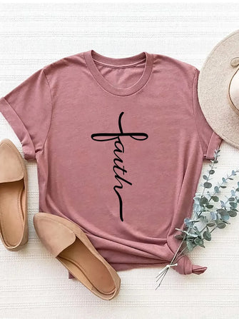 Womens Mauve and Pink Polyester T Shirts Faith Cross Design Dusty Pink