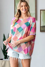 Womens multi colored argyle pattern short sleeve slit t-shirt