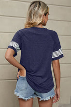 Womens Navy Blue Striped Sleeve Short Sleeve T Shirt