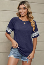 Womens Navy Blue Striped Sleeve Short Sleeve T Shirt