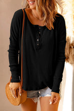 Womens Orange Waffle Knit Long Sleeve Henley Top Black