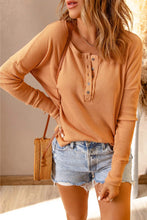Womens Orange Waffle Knit Long Sleeve Henley Top