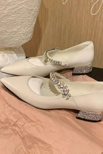 Women's Mary Jane and Loafer Shoes with Rhinestone Jeweled Straps White