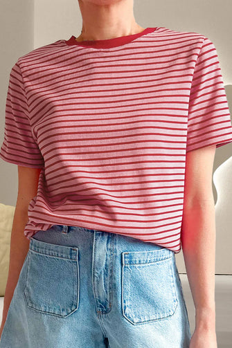 Women's Pink and Maroon Striped Cotton T-Shirt Deep Red