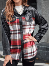 Womens Plaid and Faux Leather Jacket with Long Sleeve Length Black