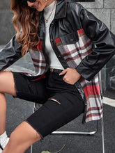 Womens Plaid and Faux Leather Jacket with Long Sleeve Length Woman Outerwear