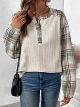 Womens Plaid Sleeve Waffle Knit Henley Shirt Cream