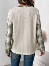 Womens Plaid Sleeve Waffle Knit Henley Shirt