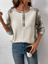 Womens Plaid Sleeve Waffle Knit Henley Shirt