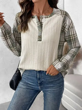 Womens Plaid Sleeve Waffle Knit Henley Shirt Woman T Shirts