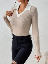 Womens Ribbed Knit Collared Top Cardigan in Basic Stretch Fabric
