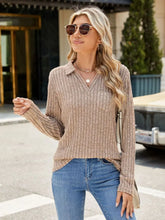 Womens Ribbed Knit Long Sleeve Collared Top with Pocket Dust Storm
