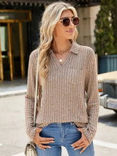 Womens Ribbed Knit Long Sleeve Collared Top with Pocket