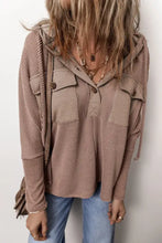 Women’s muted taupe ribbed long sleeve hoodie with pocketed half button placket