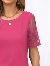 Womens Round Neck Short Sleeve Black Top with Lace Detail Woman T Shirts