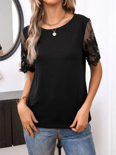Womens Round Neck Short Sleeve Black Top with Lace Detail