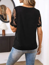 Womens Round Neck Short Sleeve Black Top with Lace Detail