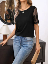 Womens Round Neck Short Sleeve Black Top with Lace Detail