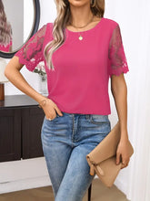 Womens Round Neck Short Sleeve Black Top with Lace Detail Woman T Shirts