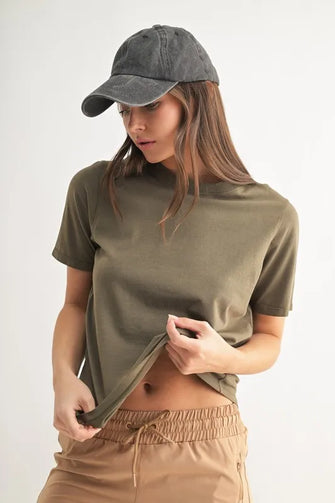 Womens Round Neck Short Sleeve Boxy Fit T Shirt Olive Green IVY GREEN