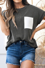Womens Round Neck Short Sleeve Striped T Shirt with Pocket Dark Gray