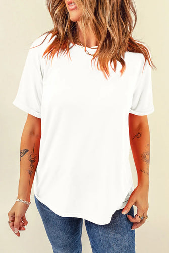 Womens Round Neck Short Sleeve White T Shirt Basic Stretchy Top White
