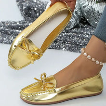 Women’s metallic gold bow-knot round toe flats with flat sole