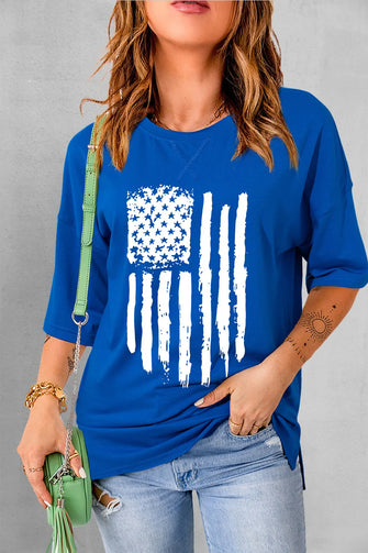 Women's Royal Blue American Flag T-Shirt Short Sleeve Royal Blue