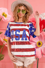 Womens Sequin American Flag Theme Shirt with USA Lettering Woman T Shirts