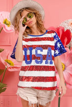 Womens Sequin American Flag Theme Shirt with USA Lettering Woman T Shirts