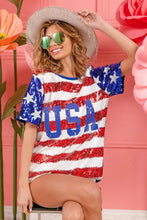 Womens Sequin American Flag Theme Shirt with USA Lettering Woman T Shirts