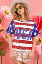 Womens Sequin American Flag Theme Shirt with USA Lettering Woman T Shirts