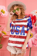 Womens Sequin American Flag Theme Shirt with USA Lettering Woman T Shirts