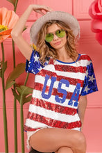 Womens Sequin American Flag Theme Shirt with USA Lettering Woman T Shirts