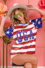 Womens Sequin American Flag Theme Shirt with USA Lettering Woman T Shirts