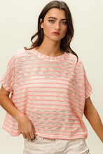 BiBi Braid Striped Short Sleeve Round Neck T-Shirt in pink and white