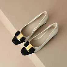 Women’s off-white square toe block ballet flats with gold buckles
