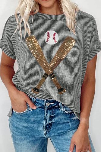 Women's Striped Baseball Sequin T-Shirt Dark Gray