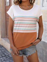 Womens Striped Color Block T Shirt 100 Percent Polyester Basic Style White