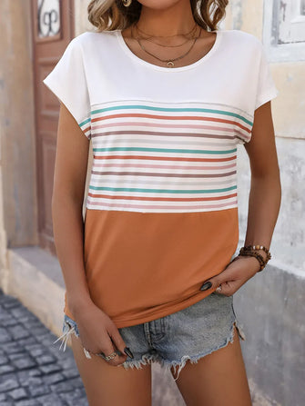 Womens Striped Color Block T Shirt 100 Percent Polyester Basic Style White