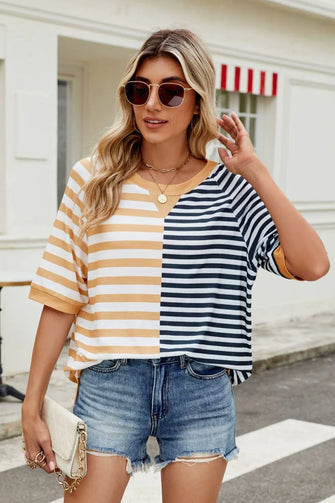Women's Striped Color-Block T-Shirt Khaki Black