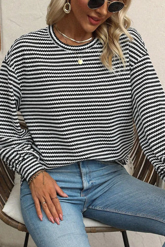 Women's Striped Long Sleeve Knit Sweater Black