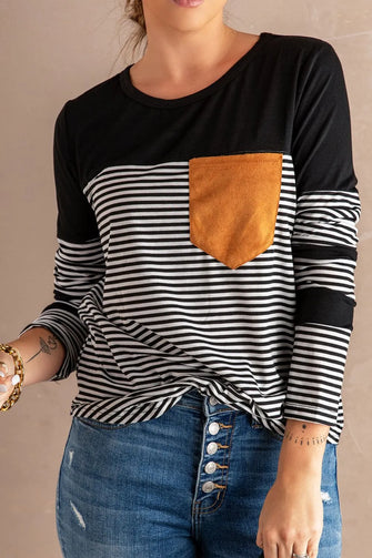 Women's Striped Long Sleeve Pocket Shirt Black
